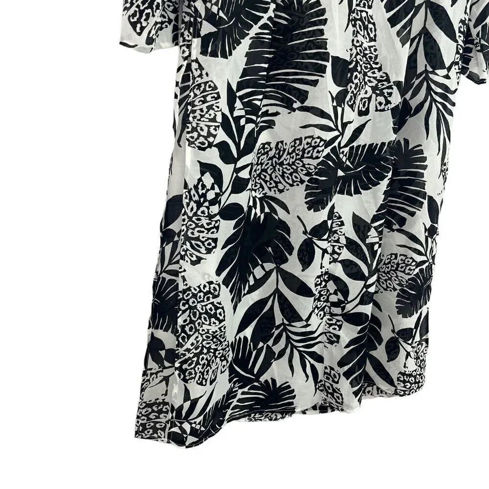 Nira Kaplan Open Front Duster Semi Sheer Cover Up Black White Floral Large - Picture 7 of 12